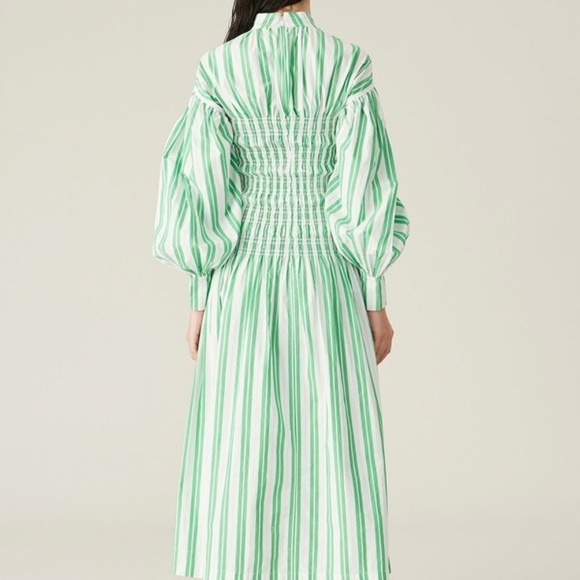 Ganni Balloon Sleeve Striped Cotton Dress with smocked middle - Picture 3 of 14